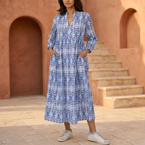 Vestido Maxi de Algodón Orgánico Estampado Azul para Mujer |   Vestido Boho Informal de Manga Larga para Exteriores con Bolsillos |   Ropa de Verano para Vacaciones - Product Image 1