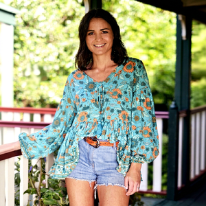 Boho Floral Print Chiffon Loose Top With <b>Lantern</b> Sleeves V-Neck Summer Casual Women's Breathable Full Sleeve Blouse - Product Image 1