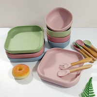 Produits pour bébés en silicone, assiette carrée à ventouse antidérapante, bol à soupe, cuillère et fourchette en silicone avec manche en bois, ustensiles de repas en silicone souple