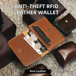 กระเป๋าสตางค์หนังแท้แบบพับสามทบแนววินเทจของผู้ชายที่ใส่บัตรกันขโมยป้องกันการสูญหายแบบสั้นพร้อมฝาปิดแบบเปิด - Product Image 2