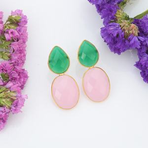 Boucles d'oreilles en argent sterling 925 plaqué or bijoux à goutte courte avec onyx vert et pierre de calcédoine rose pour filles et femmes - Product Image 6