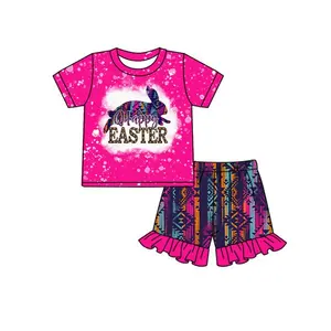 2023 Happy easter spring pre-order kids hot pink clothing children aztec shorts sets baby bunny clothes outfits