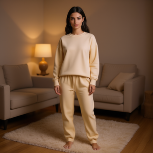 HDJ Women's 2 Piece Tracksuit Beige Oversized Sweatshirt Jogger Pants Casual Loungewear All Seasons 100% Cotton Knitted Set - Product Image 2