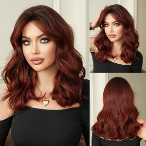 Perruque pour femme sans dentelle, perruque de déguisement pour femme, cheveux ondulés bouclés rouge framboise, <span class=keywords><strong>filet</strong></span> rose, perruque de haute qualité, perruque synthétique - Product Image 2