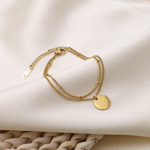 French Style Stainless Steel Engraved <b>Bracelet</b> Gold Double Layer Chain For Women Gift Jewelry - Product Image 1