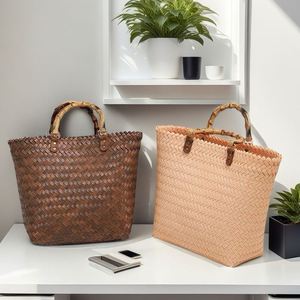 Sac de plage en paille tressé fait main vintage pour femme, grande capacité, haute qualité, en rotin, idéal pour transporter des légumes et pour la plage - Product Image 3