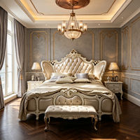 Lit King Size en Bois Massif Sculpté Style Château Royal avec Tête de Lit Rembourrée en Cuir de Vachette Champagne et Boutons – Ensembles de Chambre à Coucher