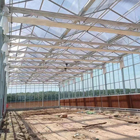 Serre hydroponique agricole multi-chapelles économique avec structure en acier galvanisé à chaud et verre trempé, 7,5 m, avec pare-soleil