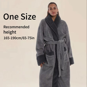 Albornoz Largo de Sherpa Grueso y Esponjoso con Cuello Chal y Ribete en Contraste Cálido, Sin Capucha, <span class=keywords><strong>Para</strong></span> <span class=keywords><strong>Parejas</strong></span>, Ideal <span class=keywords><strong>para</strong></span> el Hogar, Hotel y Descanso Nocturno - Product Image 1