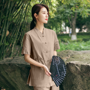 Vêtements <span class=keywords><strong>traditionnels</strong></span> <span class=keywords><strong>chinois</strong></span> Tang pour hommes et femmes, tenue de méditation Zen, coupe ample, manches courtes, uniforme de travail pour thérapeute en massage - Product Image 4