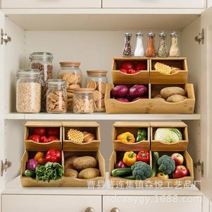 Cesta apilable de madera maciza para almacenar verduras con compartimentos para la cocina del hogar, ecológica, de forma rectangular - Product Image 1