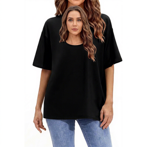 Haut court noir à col en V et manches courtes pour femme, coupe classique, en coton tricoté, couleur unie, respirant, écologique, séchage rapide - Product Image 1