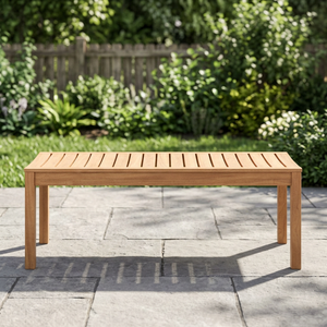 Banc de jardin moderne minimaliste en teck sans dossier, table de patio en bois avec plateau à lattes et structure en bois - Product Image 3