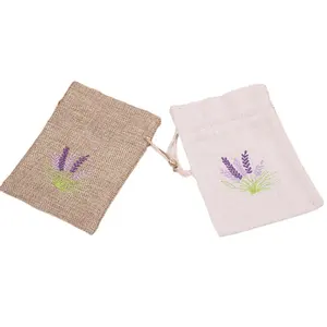 Small Burlap Pouch Bags Cotton Drawstring Bag Jewelry Packaging with Lavender Logo