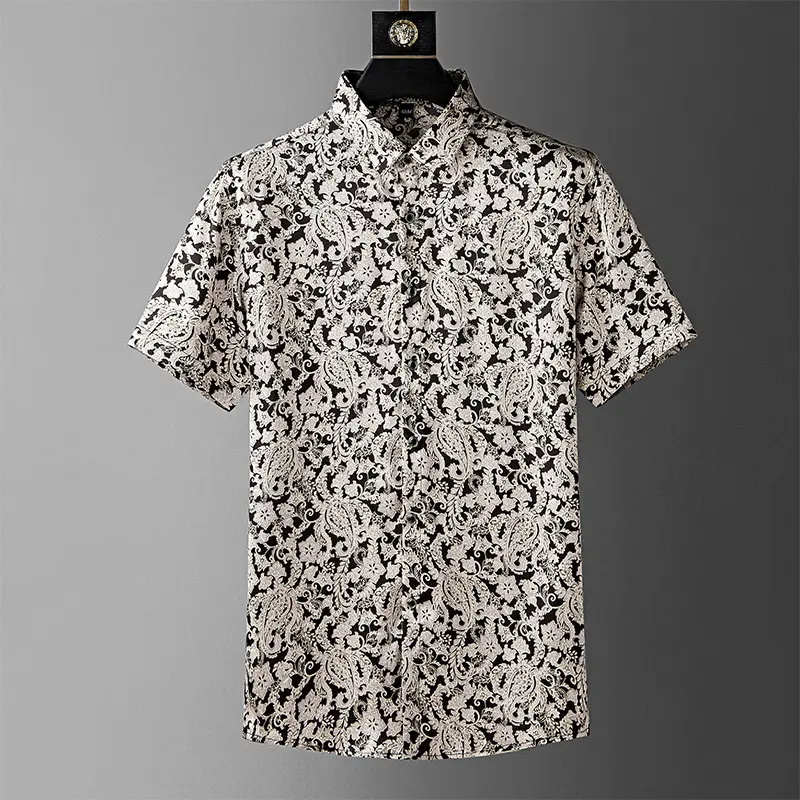 Повседневная Мужская рубашка с узором, дышащая деловая рубашка с принтом, мужская рубашка с коротким рукавом, широкая рубашка с цветком сосны