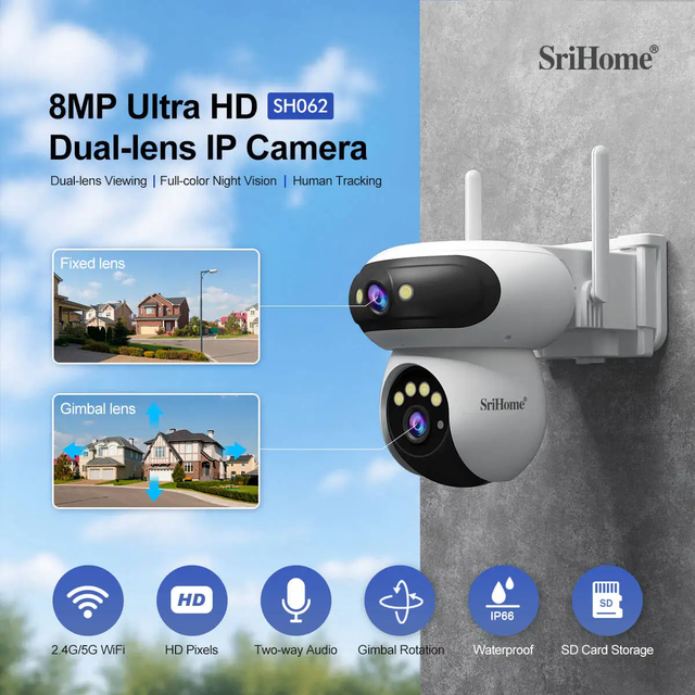 Srihome SH062 8MP Dual Lens IP Dome Camera 2.4G&5G Dual Band WIFI AI Humanoid Home Security Cry Detection CCTV Baby Monitor