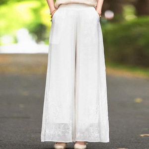 Cotton Linen Embroidered Wide Leg Pants Elastic Waist Casual Plus Size Women's Clothing Rose Pink Breathable Summer Style - Product Image 4