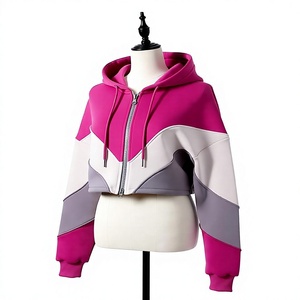 Sweat-shirt à capuche zippé color block asymétrique pour femme, coupe courte, épaules tombantes, manches longues, idéal pour l'automne - Product Image 1