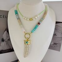 Collier de perles rondes de couleurs assorties personnalisées, charmes en corne avec œil, perles de luxe, collier en pierre naturelle, bijoux