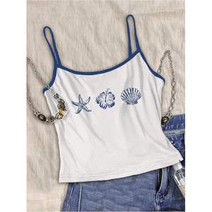 Top Corto de Tirantes Finos con Estampado Floral Personalizado para Mujer, Top de Verano Transpirable de Punto, Diseño Blue Lily - Product Image 5