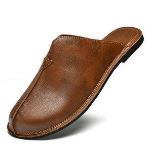 Mules en cuir véritable pour hommes, marron, à bout fermé, chaussures décontractées à enfiler, dessus en cuir de vachette souple, antidérapantes - Product Image 1