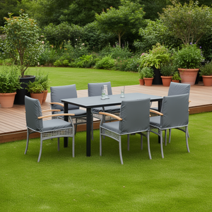 Ensemble de salle à manger de jardin en rotin gris 6 places avec housses amovibles, mobilier d'extérieur style contemporain - Product Image 2