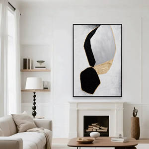 أشكال هندسية فنية جدارية مجردة بأشكال هندسية باللون الأسود والرمادي والذهبي مع لوحات مناظر طبيعية بحافة سوداء - Product Image 1