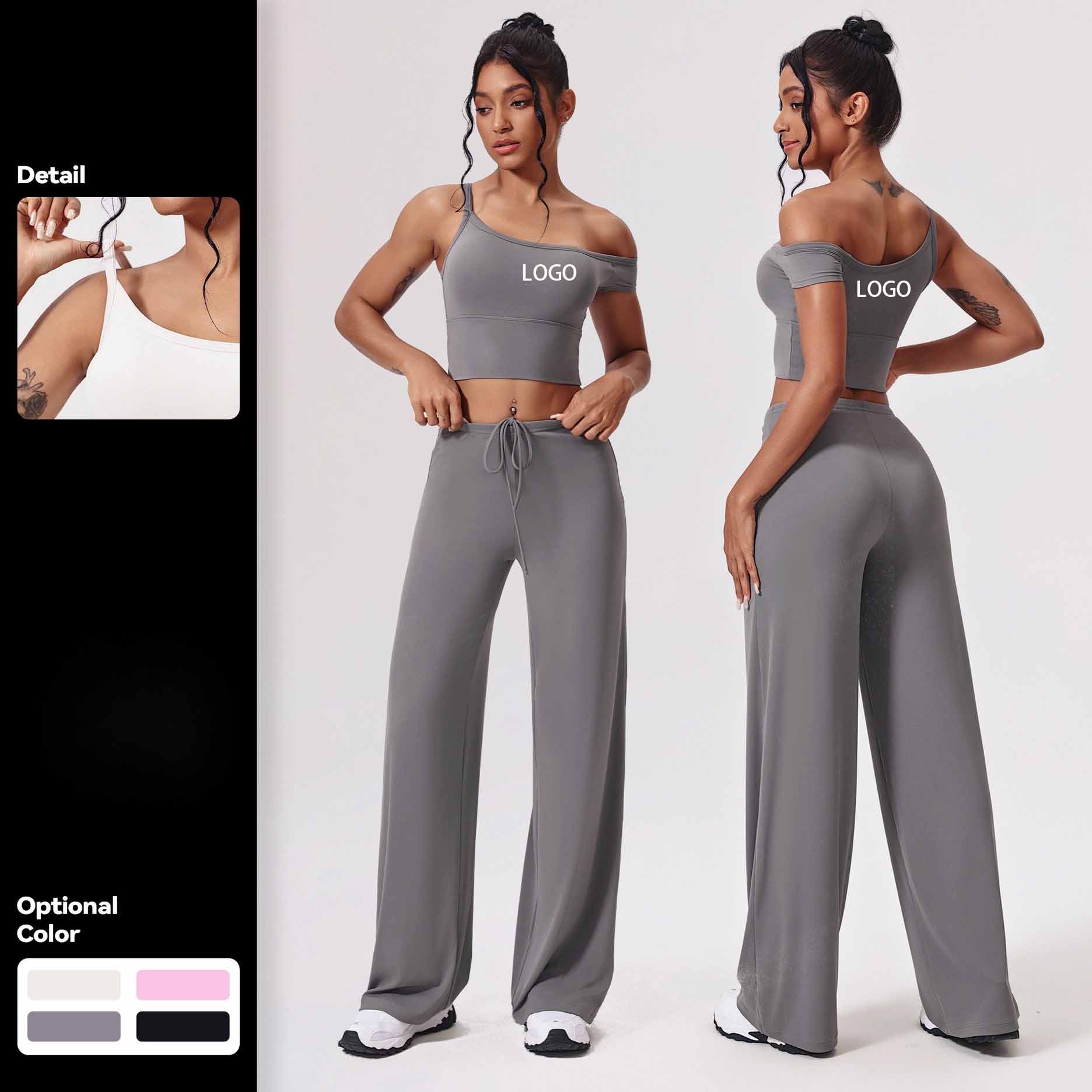 Custom Sets for Women Quick-Dry Casual High Quality Sportswear Yoga Set with Off-Shoulder Tight Fitting Top and Loose Pants