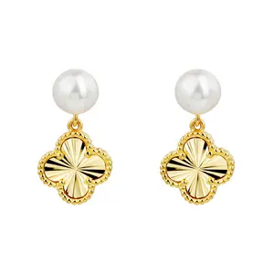 Dainty Women'S Cute Real Gold Plated 925 Sterling Silver Jewelry Four-Leaf Clover Pearl Shell Stud Earrings For Party