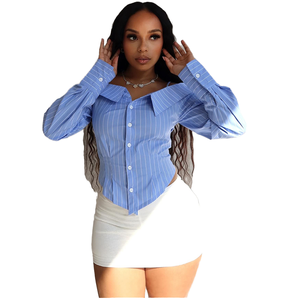 Camisa Vintage de Punto con Botones en la Parte Delantera, Estilo Casual, a Rayas, Hombros Descubiertos, Manga Larga, Ropa de Calle para Mujer, Modelo 60134 - Product Image 4