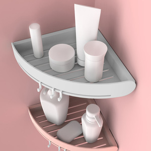 Bathroom Corner Storage Rack Wall Mounted No Drill Plastic Shelf For Shower Vanity With Hooks Pink White Gray - Product Image 3