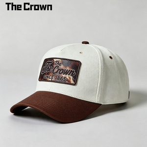 Casquette de baseball 5 panneaux avec logo personnalisé, patch tissé, bicolore crème et marron, visière incurvée, vente en gros, usine - Product Image 2