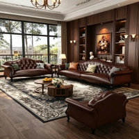 Klassisches Amerikanisches Vintage-Sofa-Set aus Gestepptem Leder mit Massivholz-Geschnitztem Rahmen für Villa-Wohnzimmer Hochwertige Wohnmöbel