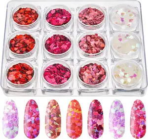 2024NEW 12 Boxes Heart Glitter Nail Sequins Holographic Heart Shaped Valentine's Day Nail Design Stickers Decals For Women Girls