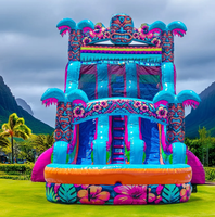 Toboggan aquatique gonflable commercial à double voie Hibiscus Palm Tree avec piscine pour fêtes