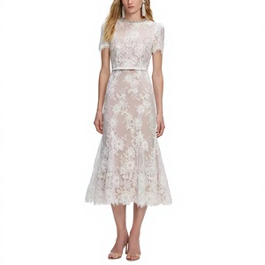 <b>White</b> Lace Mermaid Evening <b>Dress</b> Short Sleeve Mid Calf Fishtail Style Beaded Neck <b>Sheer</b> Layer Women Party <b>Dress</b> - Product Image 2