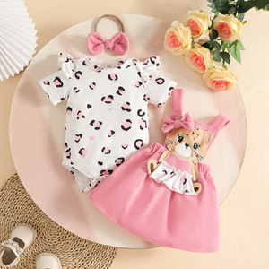 2026 Summer Baby Girls <strong>Fashion</strong> Leopard <strong>Print</strong> Short Sleeve Triangle Jacket + Corduroy Fabric Bear Strap <strong>Skirt</strong> + Hair Strap - Product Image 1
