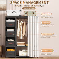 Armoire portable avec 4 tiroirs, organisateur de vêtements en tissu à 2 colonnes, porte-vêtements en tube d'acier de 16 mm avec rideau anti-poussière
