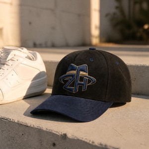Casquette de baseball unisexe en daim brossé, <span class=keywords><strong>snapback</strong></span>, bicolore noir et marine, visière contrastante, six panneaux, réglable, logo personnalisé, vente en gros - Product Image 5