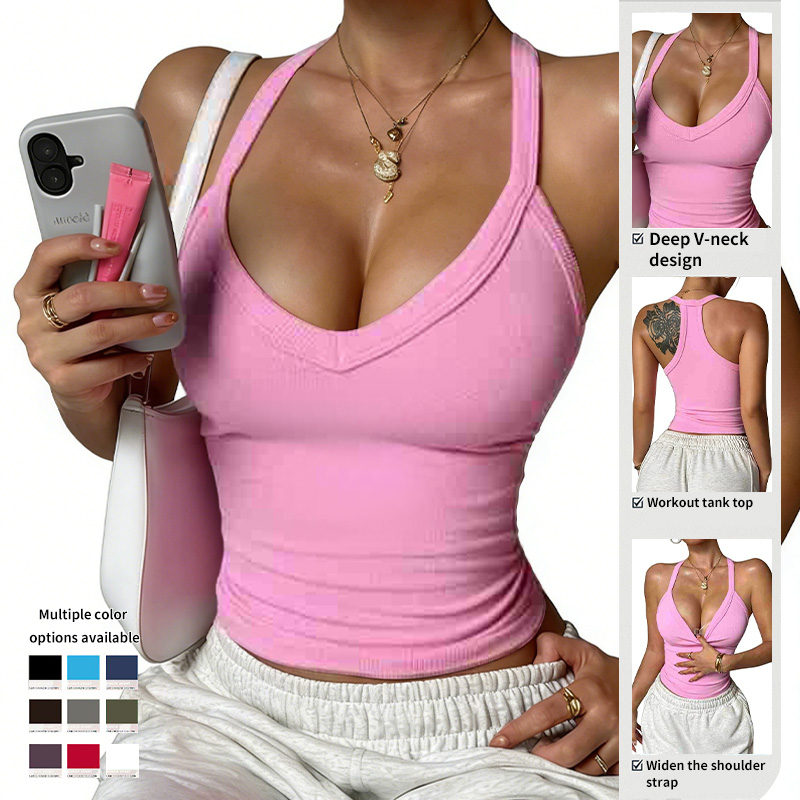 Sleeveless Cami Top V Neck Sports Running Tank Tops Racerback Design Yoga Top Sweat-Wicking Breathable Workout Shirt