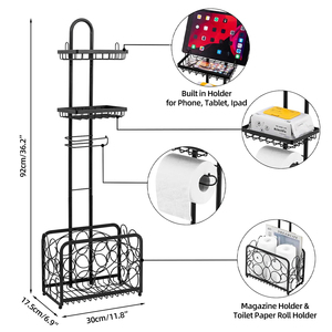 Porte-rouleau de <span class=keywords><strong>papier</strong></span> <span class=keywords><strong>toilette</strong></span> sur pied noir avec étagère de rangement pour <span class=keywords><strong>tablette</strong></span>, téléphone et magazines - Product Image 2