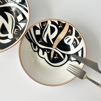 Service de table en céramique personnalisé en gros avec motif de calligraphie arabe - Vaisselle en porcelaine imprimée noire et dorée