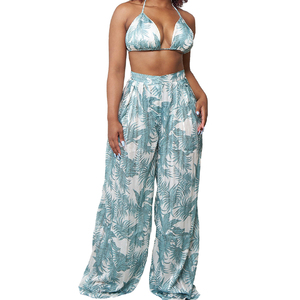 Women Beach <strong>Wear</strong> Sexy <strong>Blue</strong> and Yellow Floral Print Halter Neck Two-Piece Outfit Lady Set Clothing - Product Image 5
