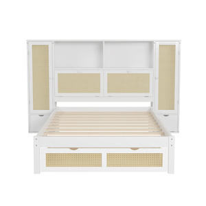 Twin Size Wooden <b>Bed</b> with Two Storage Lockers Drawer Storage Shelf on Headboard Multifunctional Platform <b>Bed</b> with Natural Rattan - Product Image 4