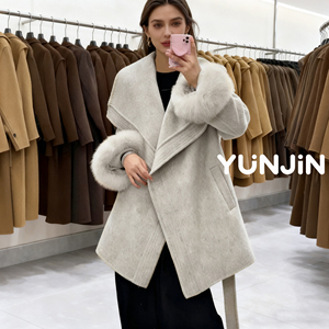 YUNJIN élégant noir Chic femmes Double face cachemire manteau d'hiver véritable fourrure de renard poignets vêtements d'extérieur en laine naturelle avec ceinture pardessus - Product Image 4