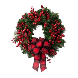 Guirlande <span class=keywords><strong>de</strong></span> Noël à suspendre à la <span class=keywords><strong>porte</strong></span>, nœud rouge à carreaux, baies, décoration <span class=keywords><strong>de</strong></span> Noël artificielle, couronne <span class=keywords><strong>pour</strong></span> la ferme, intérieur et extérieur - Product Image 6