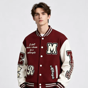 Giacca Varsity Ricamata Stile Retrò da Motociclista per <span class=keywords><strong>Uomo</strong></span>, Verde e <span class=keywords><strong>Beige</strong></span> con Patch Lettere, Giacca Baseball Bomber Streetwear - Product Image 1