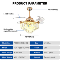 Ventilateur de plafond LED rétractable invisible 42 pouces 3CCT dimmable 40W avec éclairage cristal pour salon, haute performance et économique