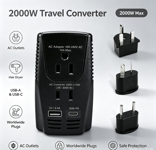Foxcan 2000W All in One Travel Voltage Converter Combo 2 AC Outlets International Power Converter for Household Appliances