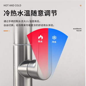 Grifo de Lavabo de Acero Inoxidable de un Solo Orificio, Moderno, Montado en el Tapa del Lavabo, Monomando, Agua Fría y Caliente - Product Image 2